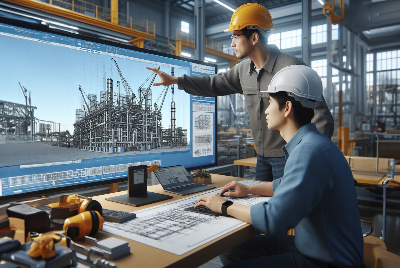 A man stands while two people sit at a table in an office setting, smiling and engaged in conversation. The mood is friendly and collaborative.
