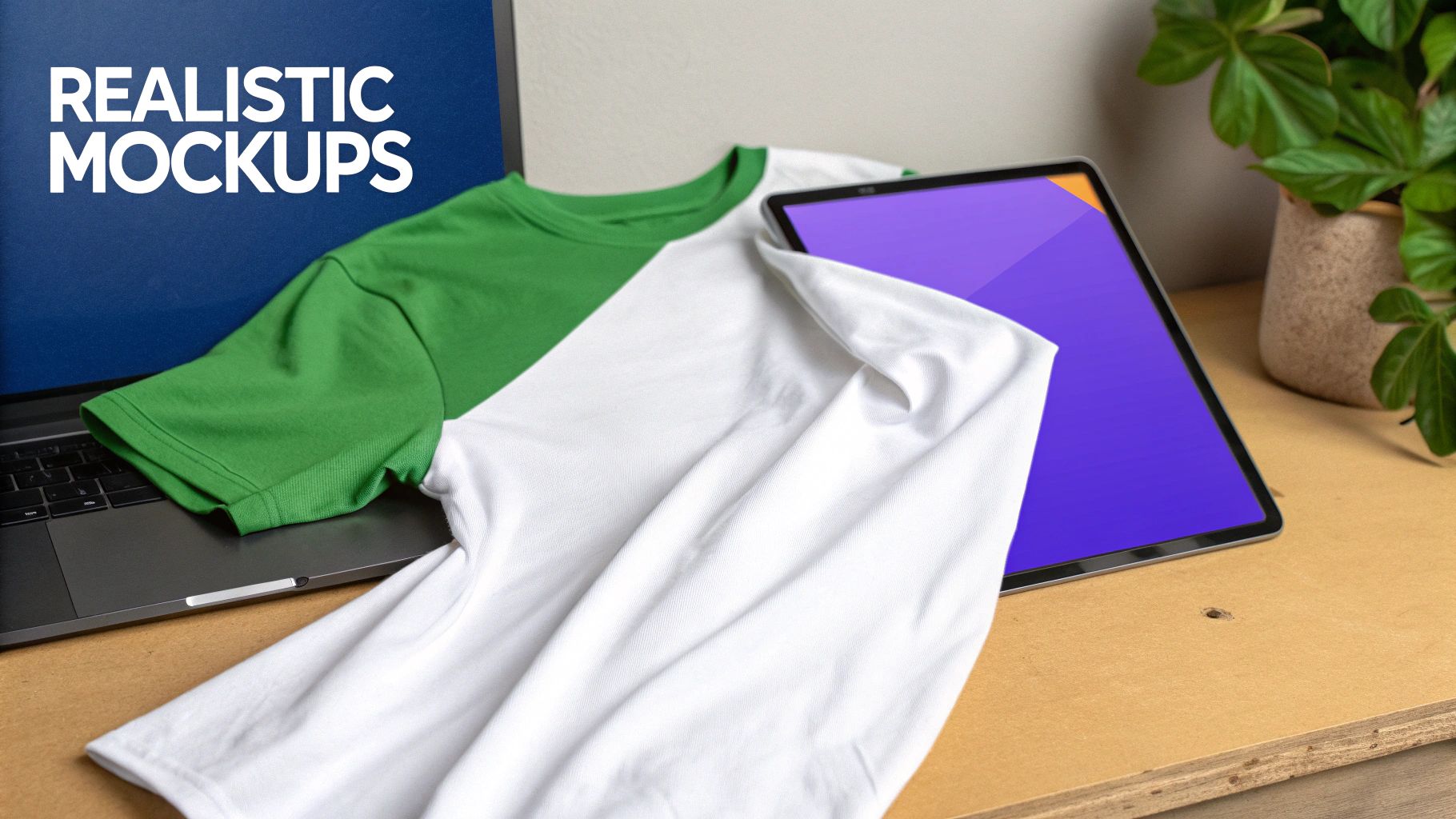 White and green t-shirts mockup with tablet and laptop on wooden desk workspace