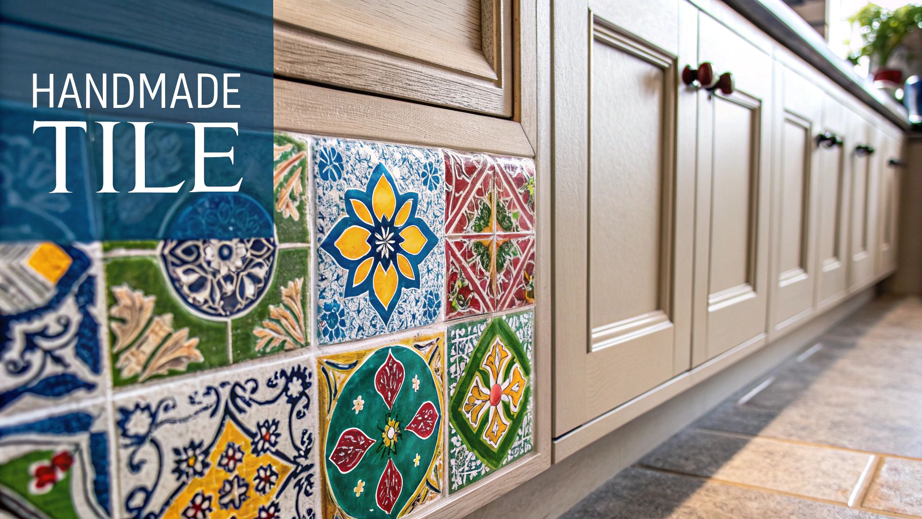 A close-up of colorful handmade decorative tiles below light beige kitchen cabinets and kickboard.