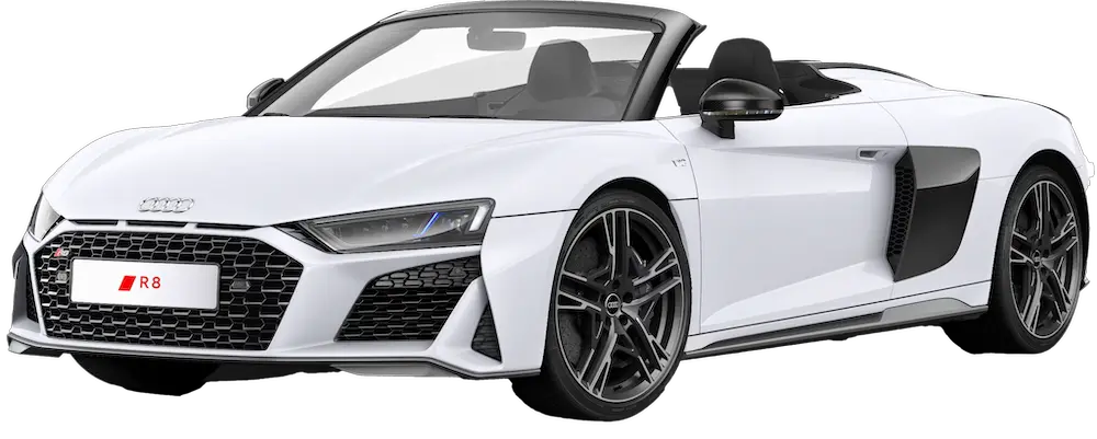 White Audi R8 V10 Performance Spyder convertible with top down.