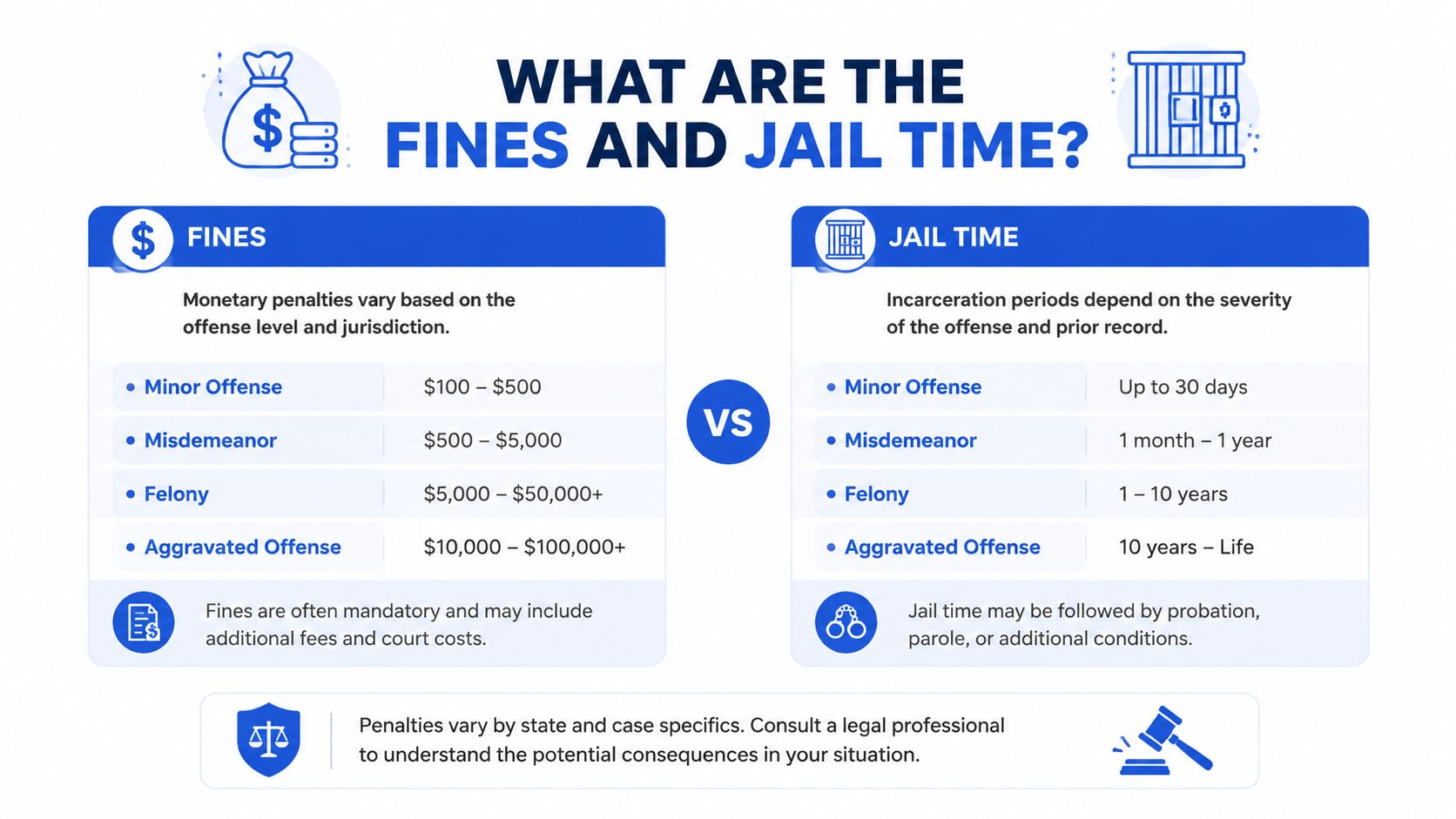 A comparison chart showing fines and jail time for different criminal offenses ranging from minor to aggravated.