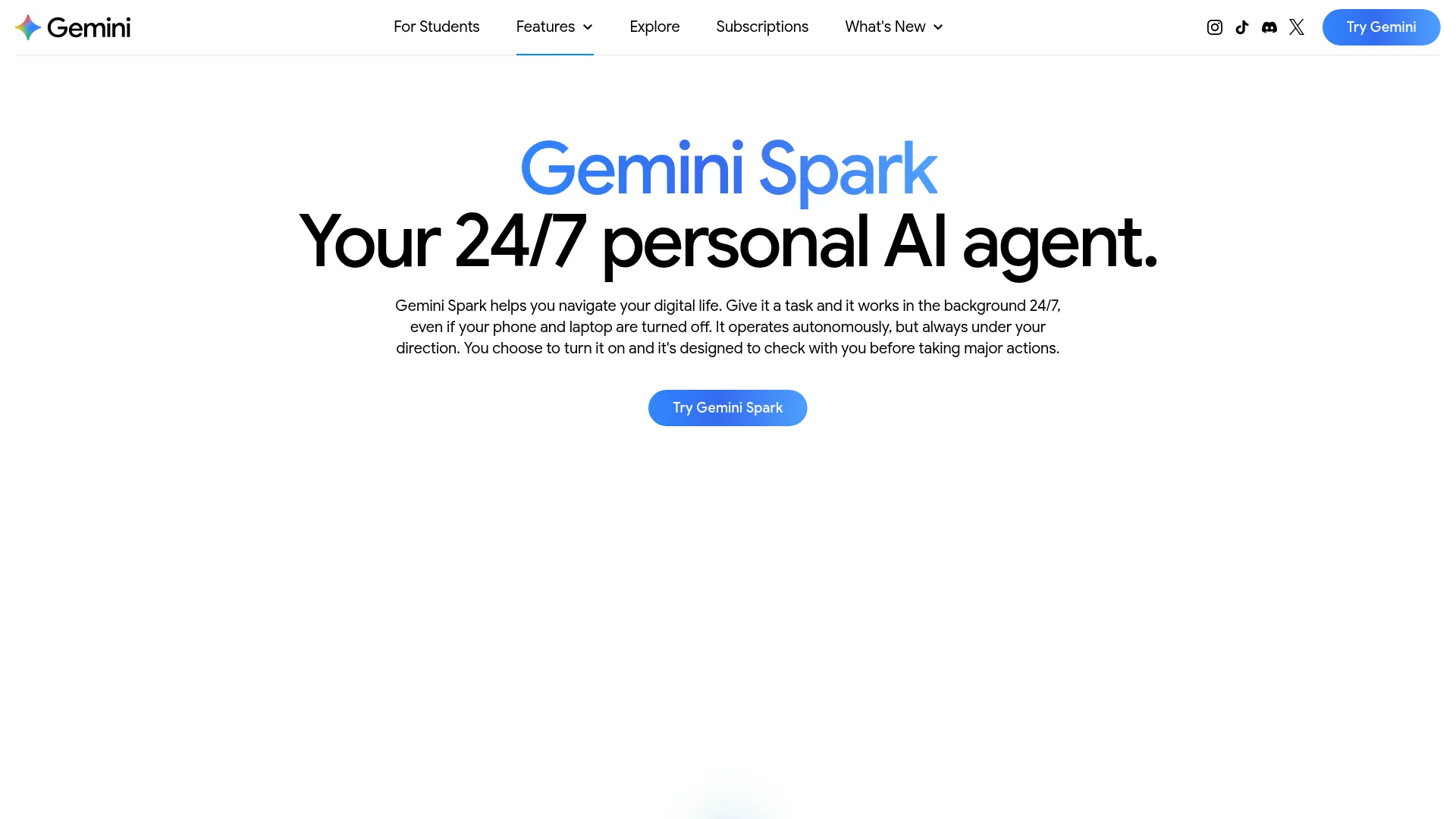 Google Gemini Spark page describing a 24/7 personal AI agent