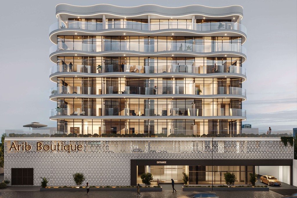 Contemporary apartment building named Arib Boutique, characterized by its modern design and clean lines.
