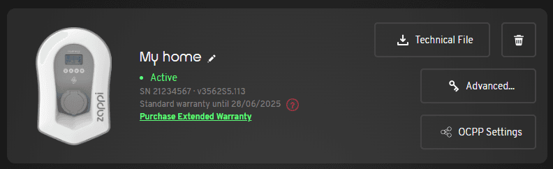 Charger listed with OCPP settings option