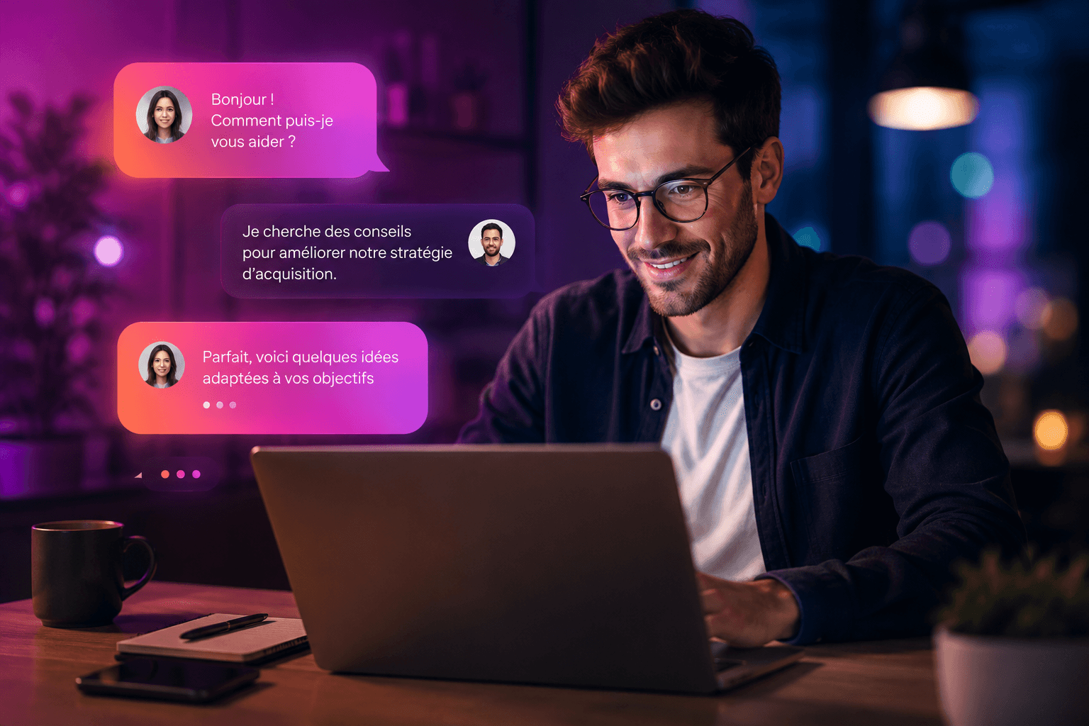 Professionnel consultant des messages sur son ordinateur dans un bureau moderne, illustrant la capacité du marketing conversationnel à capter l'attention grâce à des échanges personnalisés.
