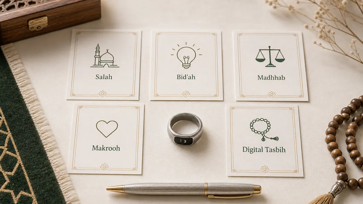 A zikr ring beside cards mapping common halal ruling questions