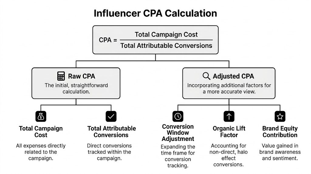 A diagram illustrating the Influencer CPA calculation formula with raw and adjusted cost per acquisition components.