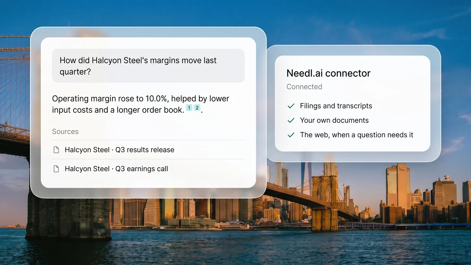An AI assistant answering a question about a company's margins from Needl.ai, with the results release and the earnings call cited as sources, beside the Needl.ai connector and the sources it brings in