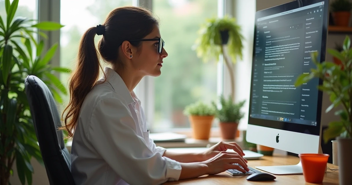 Nutricionista avaliando respostas da IA em tela de computador 