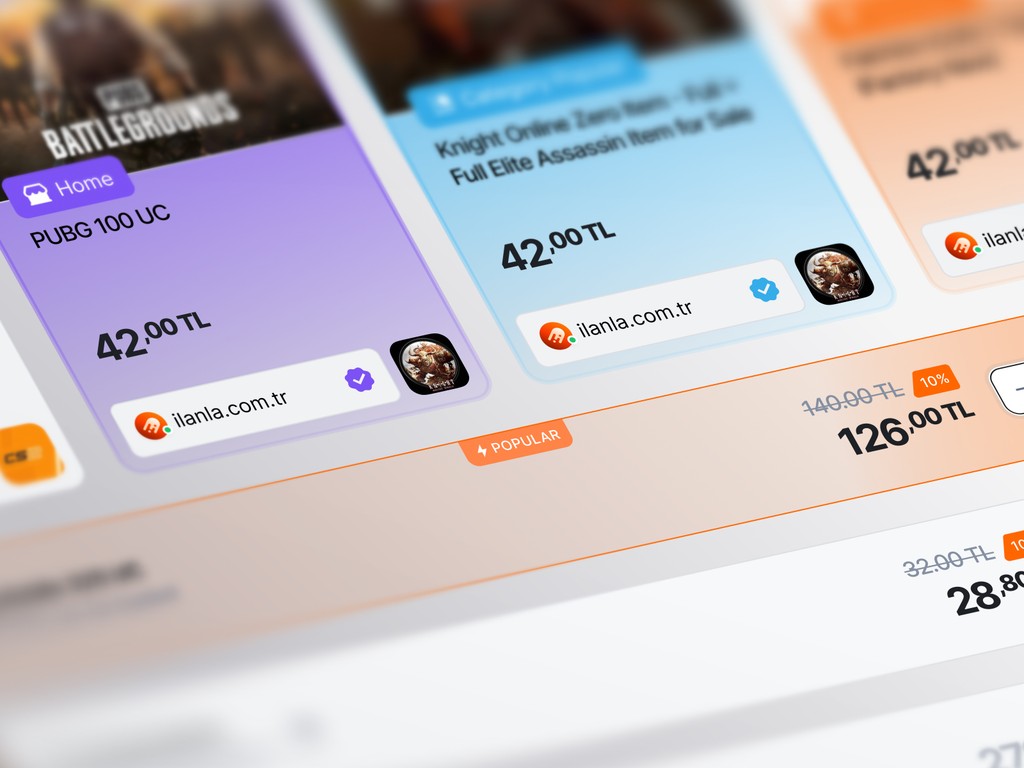 Zoomed-in product card UI of Ilanla marketplace with pricing, game icons, and verified seller badge details