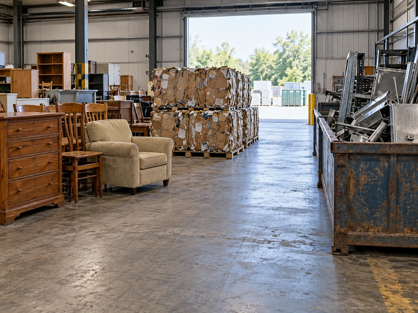 Items sorted at a facility: donation furniture, cardboard bales, and scrap metal.