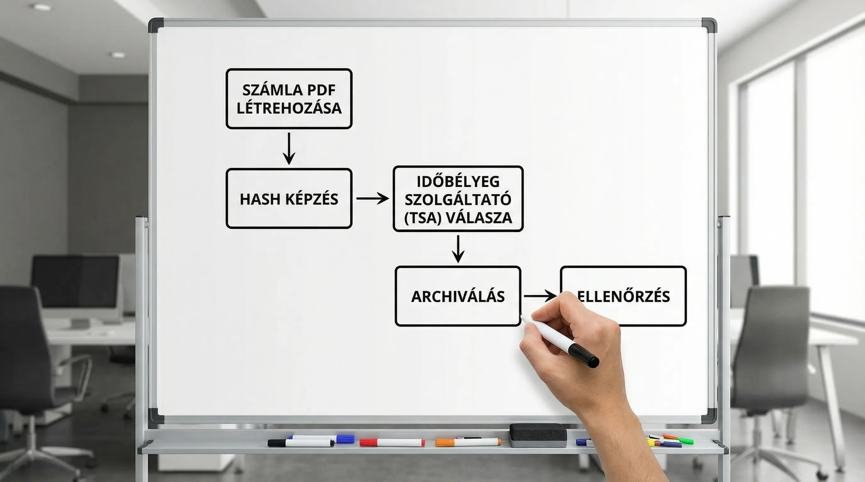 Egyszerű folyamatábra az e-számla hitelesítéséhez: számla PDF létrehozása, hash képzés, időbélyeg szolgáltató (TSA) válasza, majd archiválás és ellenőrzés.