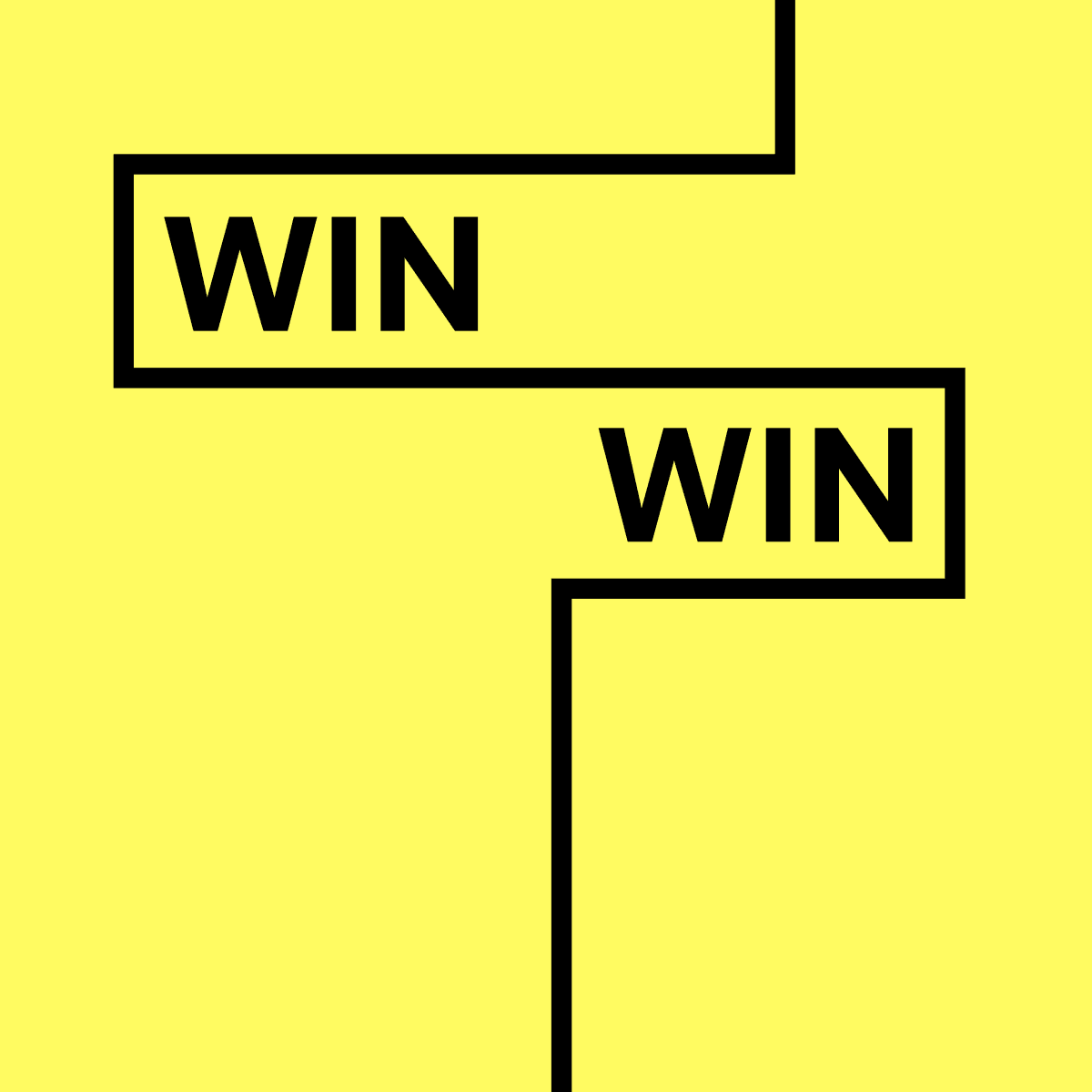 Simple graphic with a yellow background featuring the words "WIN" twice, connected by a black line.