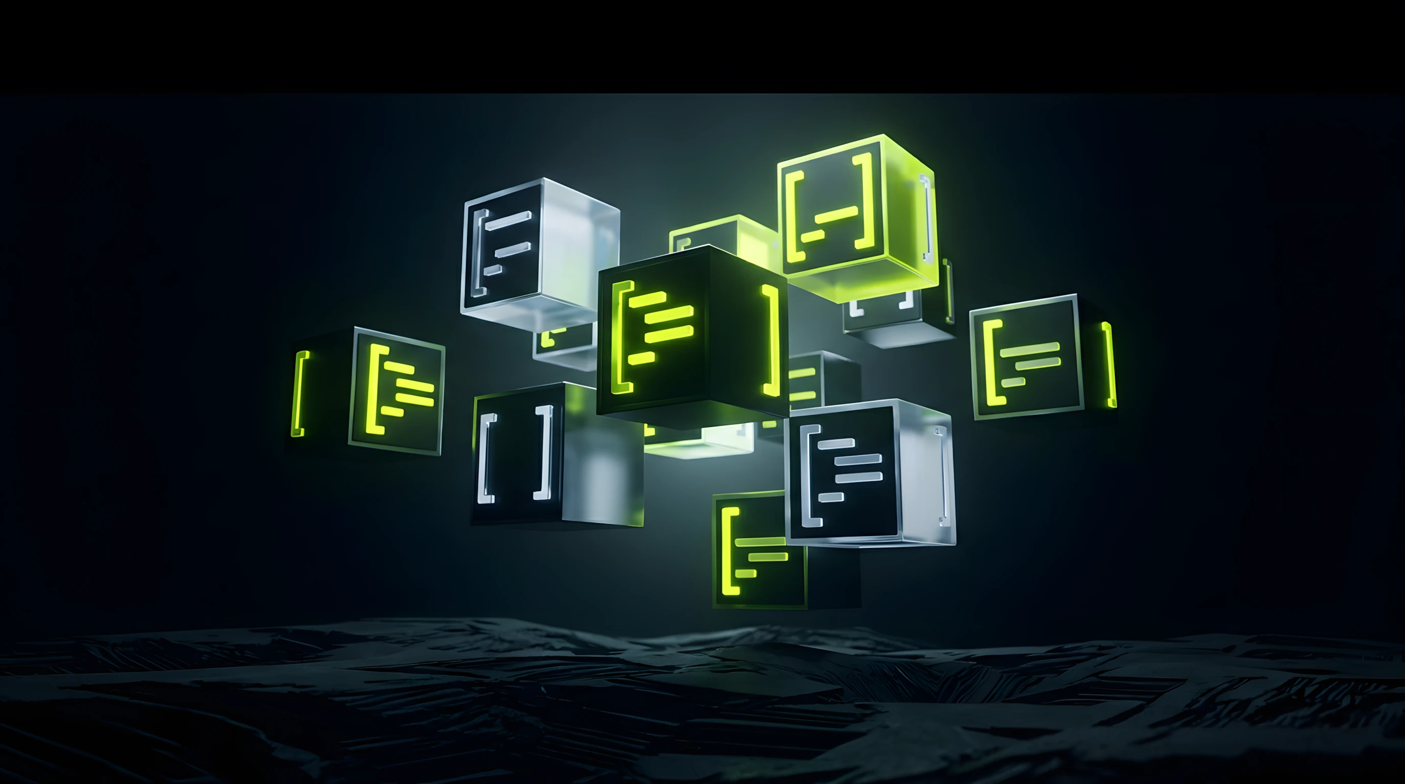 An abstract visual of JSON-LD schema code blocks floating above a music producer's page, with toxic lime brackets and liquid chrome syntax highlighting against deep void, suggesting the unseen layer that Google reads.
