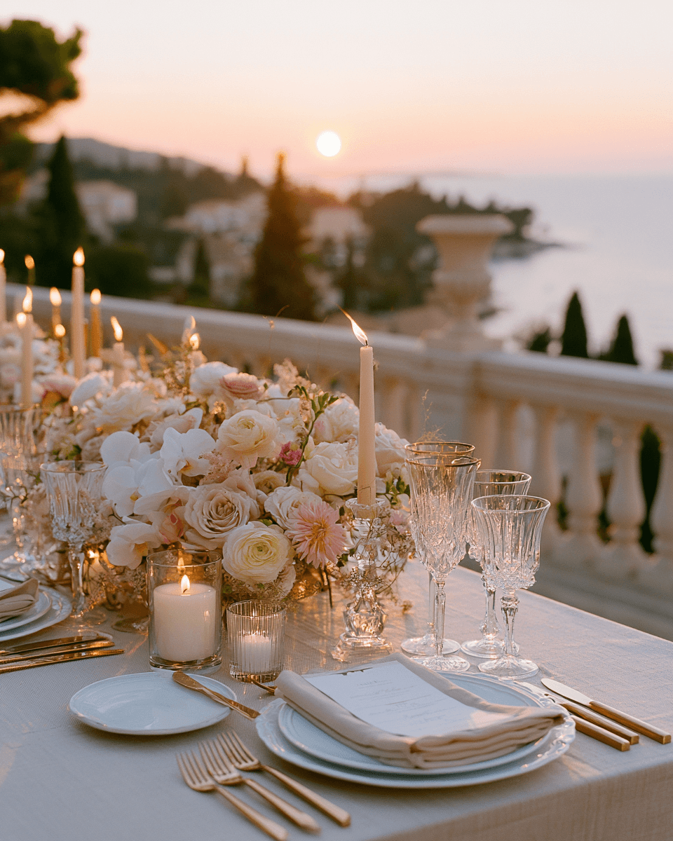 Close-up of a floral tablescape with soft pink seasonal flowers