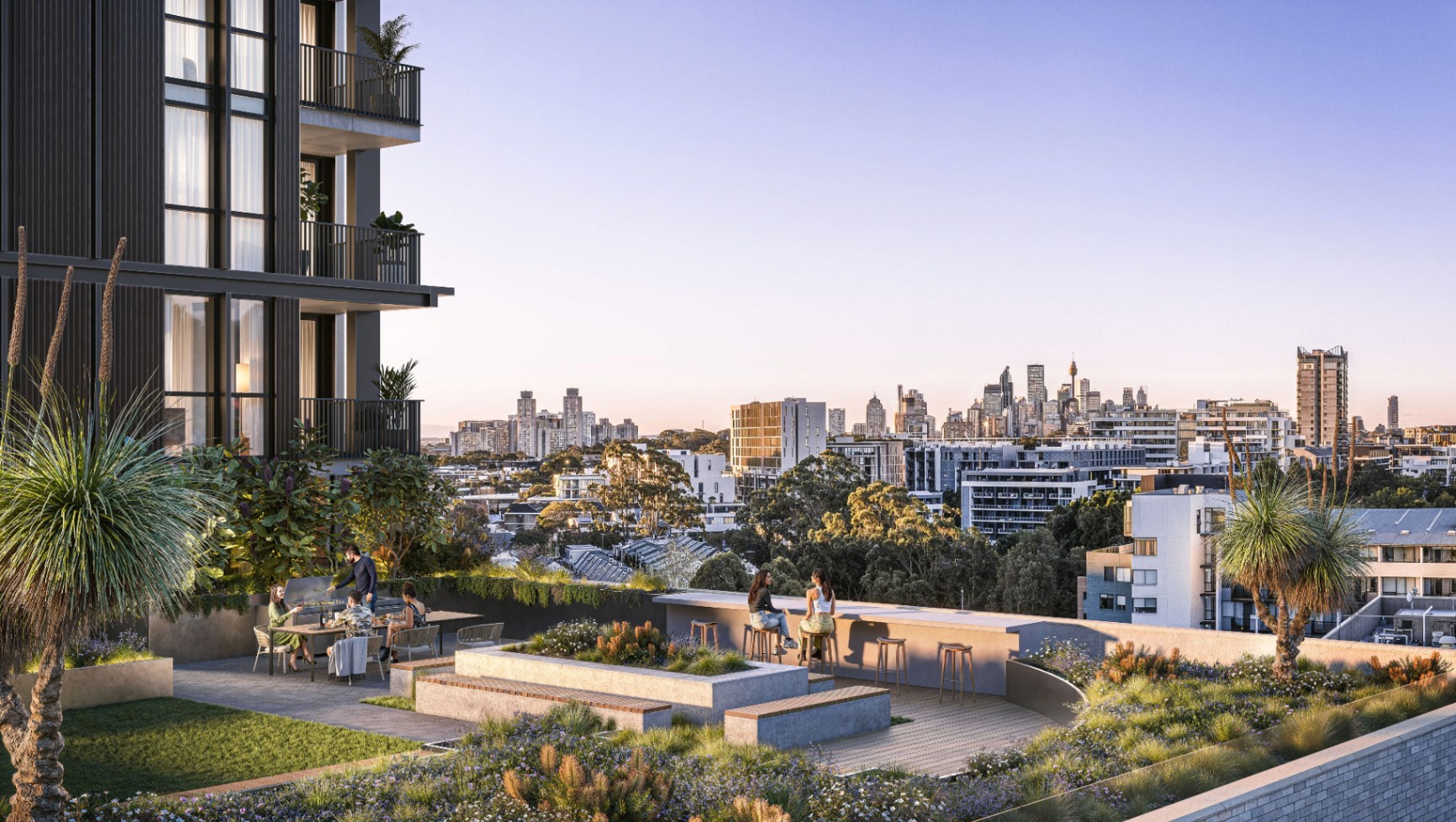 Rooftop garden terrace at The Avenues Zetland with city skyline views, outdoor seating, greenery, and shared social spaces in an off-the-plan Sydney apartment.
