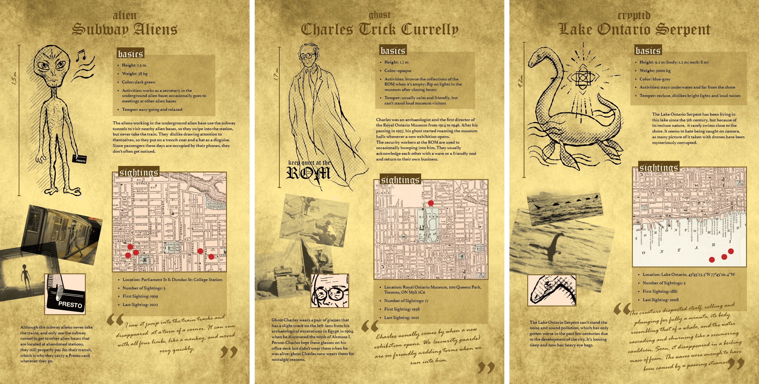 Character profiles for Ghost Charles Currelly, the Lake Ontario Serpent, and the Subway Alien.
