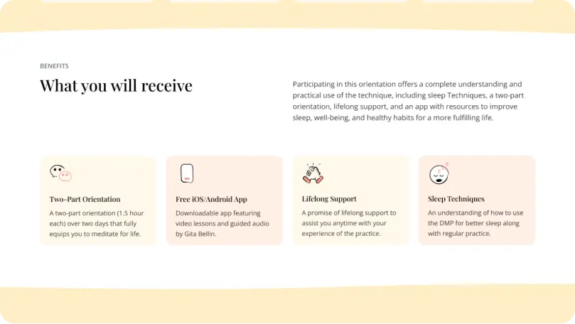 Amaidhi website benefits section designed by One Craft, featuring a clean layout with illustrated icons for meditation guidance, mobile app access, ongoing support, and better sleep techniques.