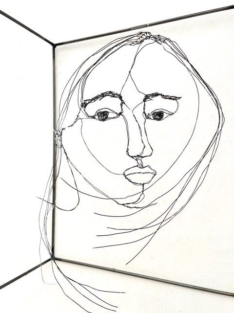 Sculpture en fil de fer représentant le visage d'une femme dans un cadre en fil de fer, vue détaillée de côté avec son ombre projeté sur le mur