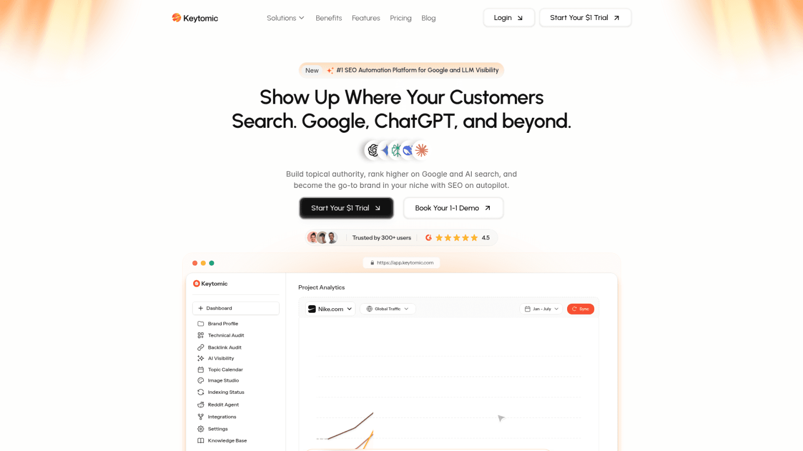 Keytomic homepage SEO automation platform