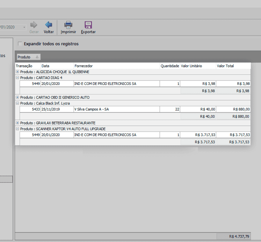Tela de relatório de estoque
