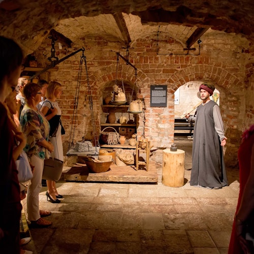 一位身着中世纪服装的导游正在一个光线昏暗的拱形砖砌地下室中，向一群游客讲解历史文物。