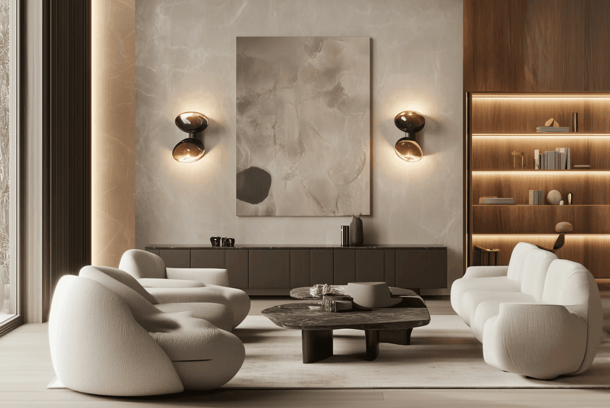 Contemporary living space with sculptural armchairs and layered wall lighting