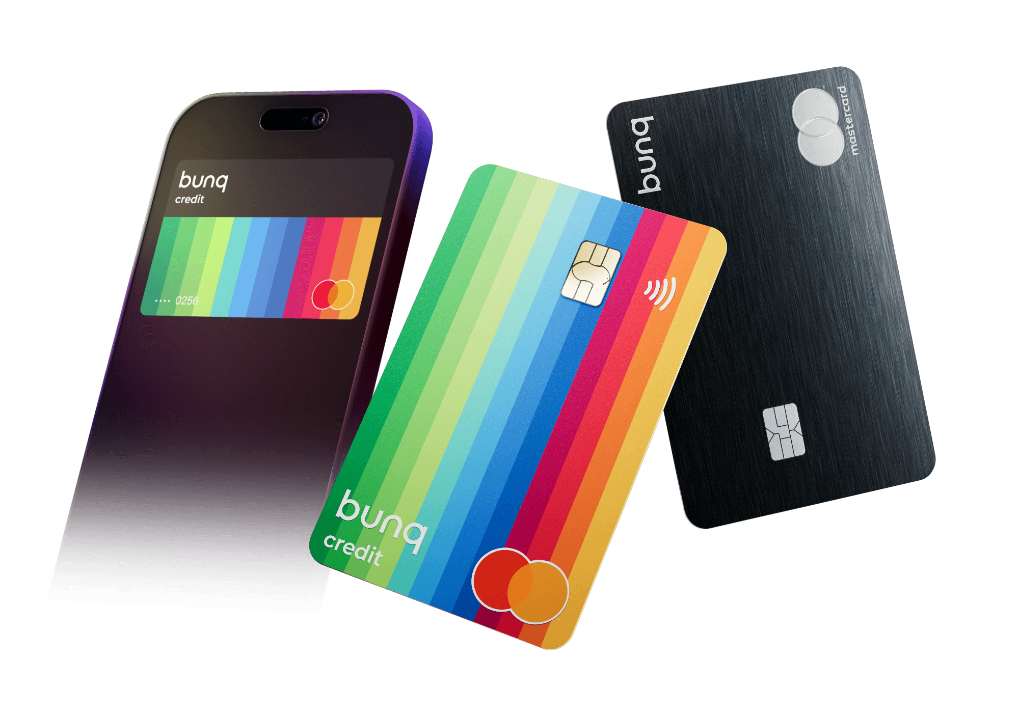 Três cartões de crédito bunq em leque, incluindo um com o design arco-íris Adventure Awaits e um Mastercard preto