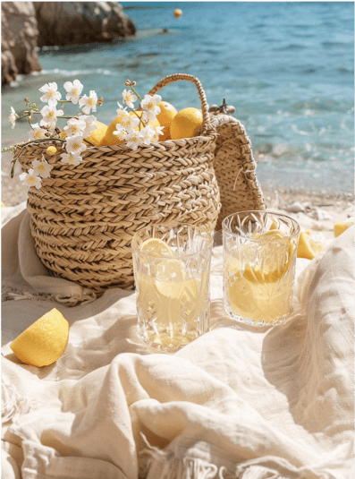 Lemon drinks and a woven basket with flowers set on a beach picnic by the sea.