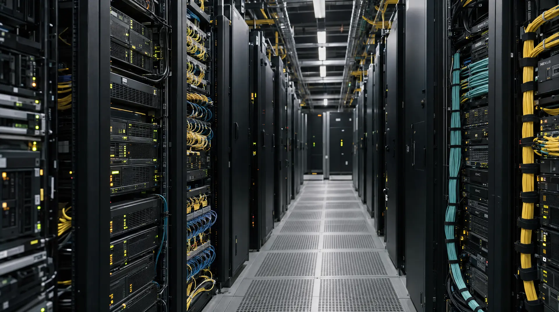 A long corridor of server racks with blinking status lights and bundled network cables, suggesting tech marketing strategy work in tech infrastructure branding for tech companies.