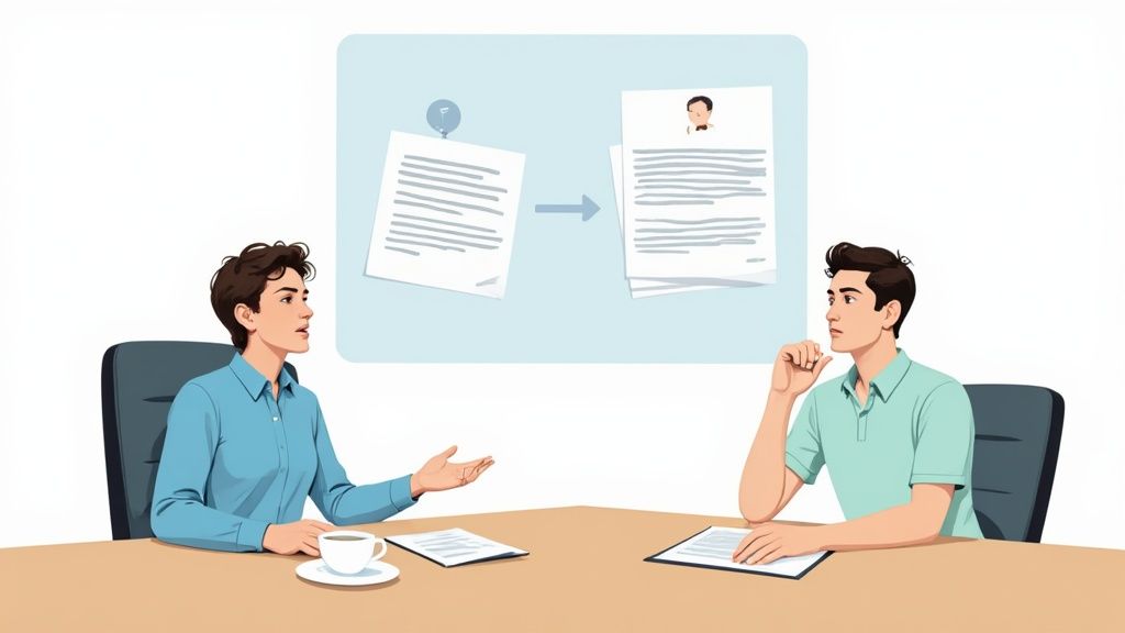 A project manager leading a focused meeting while an automatic note taker runs on a laptop nearby.