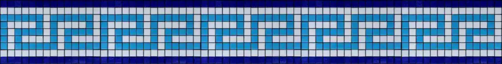 Greek Key mosaic border, Azure and white on cobalt, set from whole square tiles — reference G-02, Mosaiclegs Art Studio