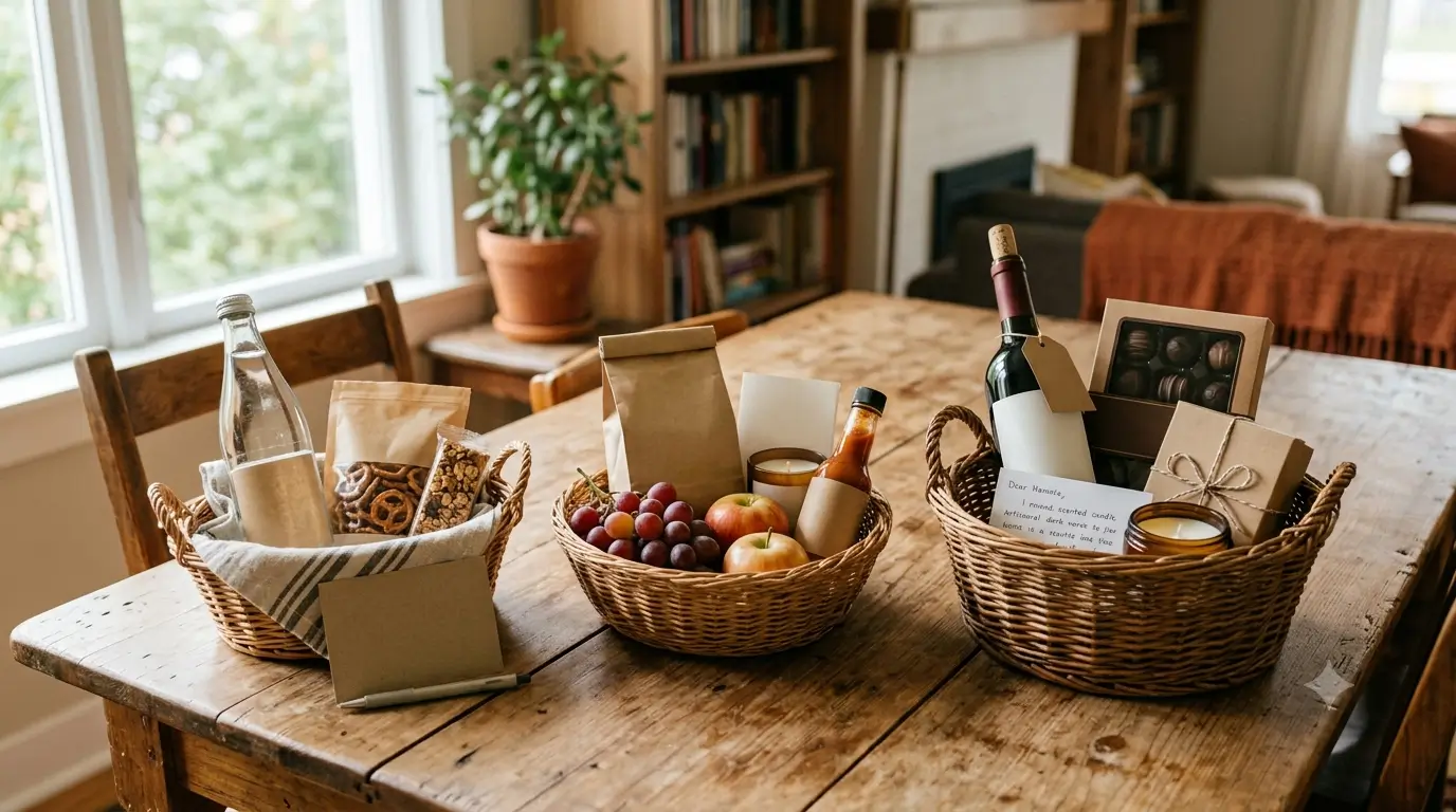 Three Airbnb welcome baskets at budget, mid-range, and premium tiers arranged on a wooden table.