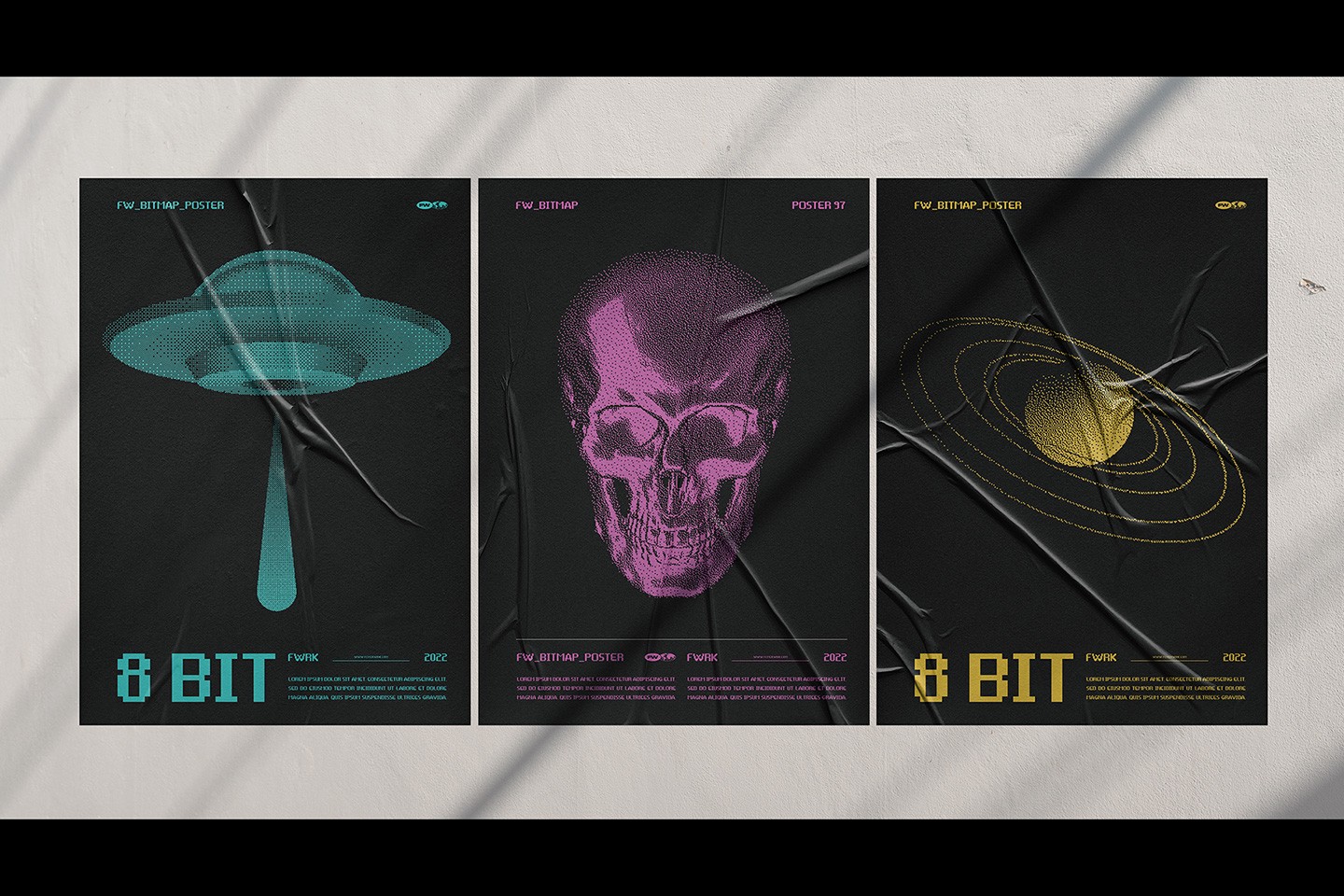 Bitmapped design elements applied to 8-bit posters featuring a UFO skull and planet orbits