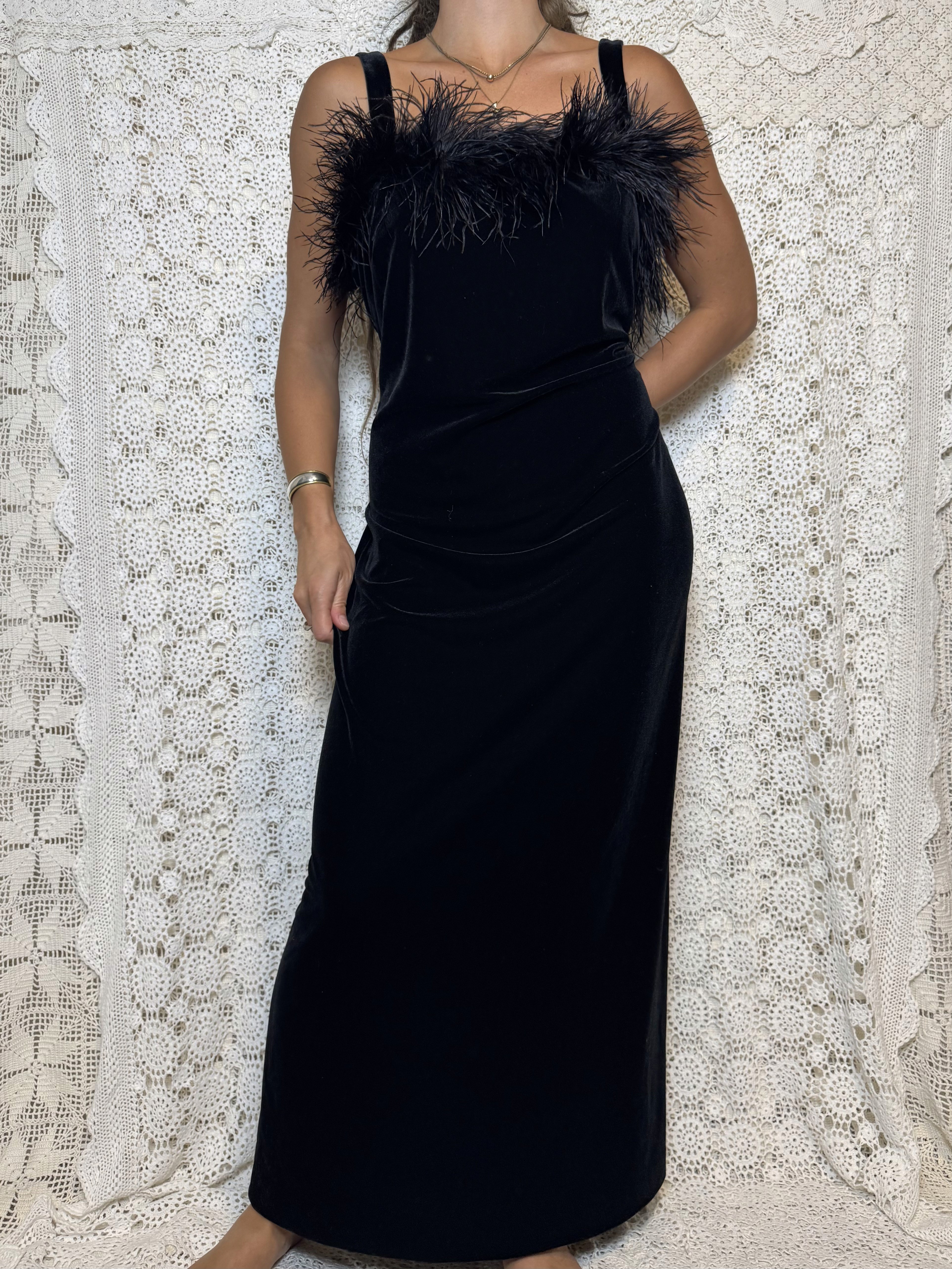 vintage feather top black velour maxi dress