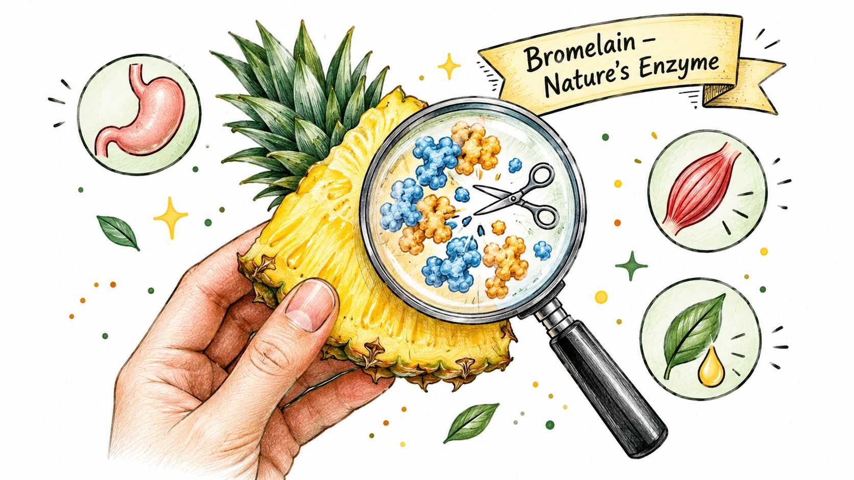 A hand holding a pineapple slice with a magnifying glass showing enzyme action on proteins.