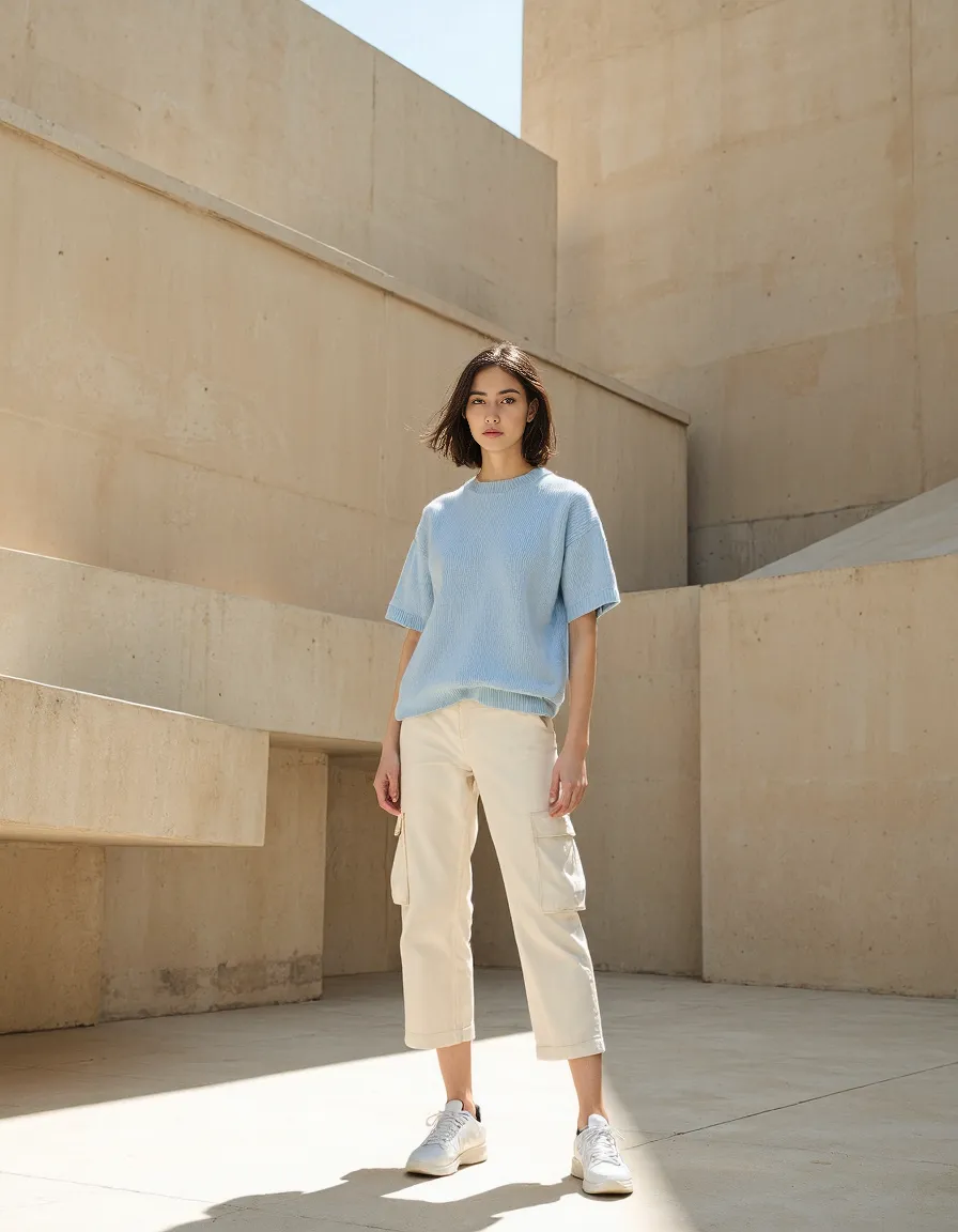Minimalist fashion photograph featuring light blue short-sleeve sweater and cream cargo pants against geometric concrete architecture