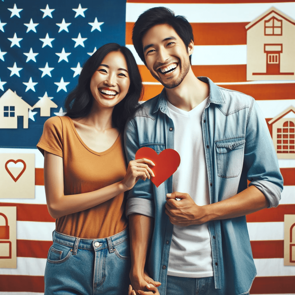 Diverse couple holding hands in front of a symbolic U.S. backdrop, representing family reunification through the IR1 Visa.