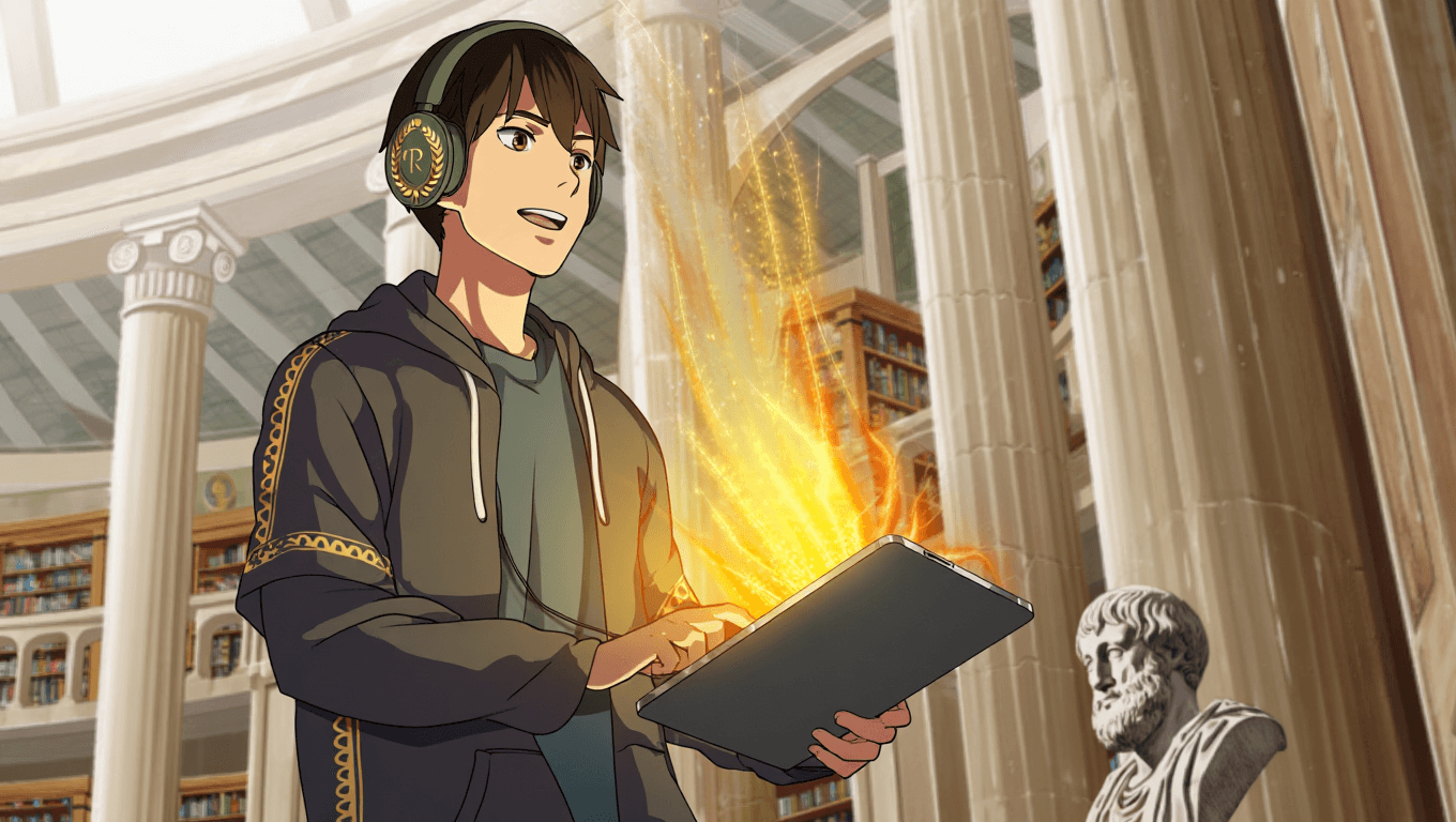Student happily using a tablet to study