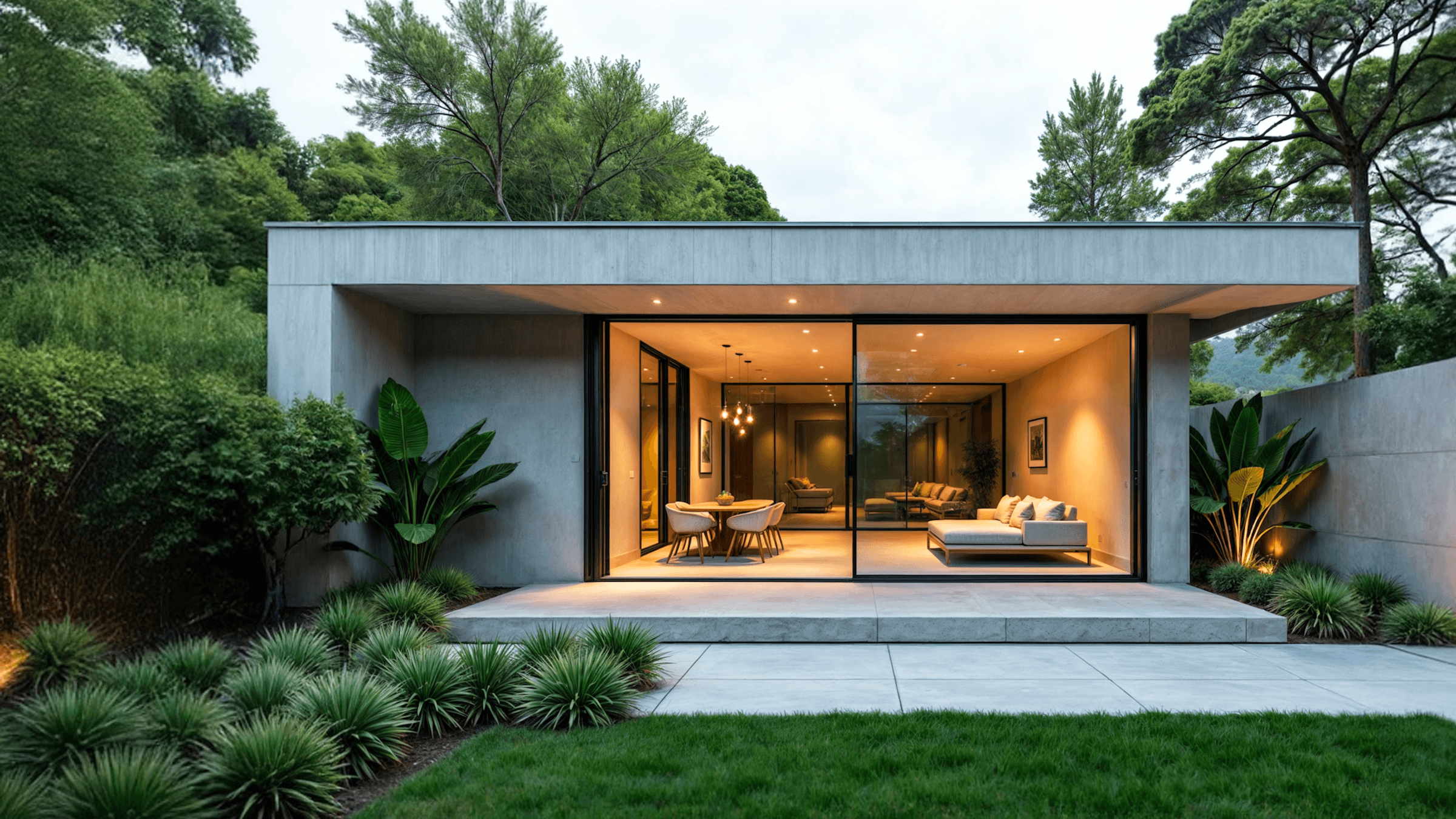 Modern home exterior with large windows surrounded by greenery, illuminated warmly at dusk.