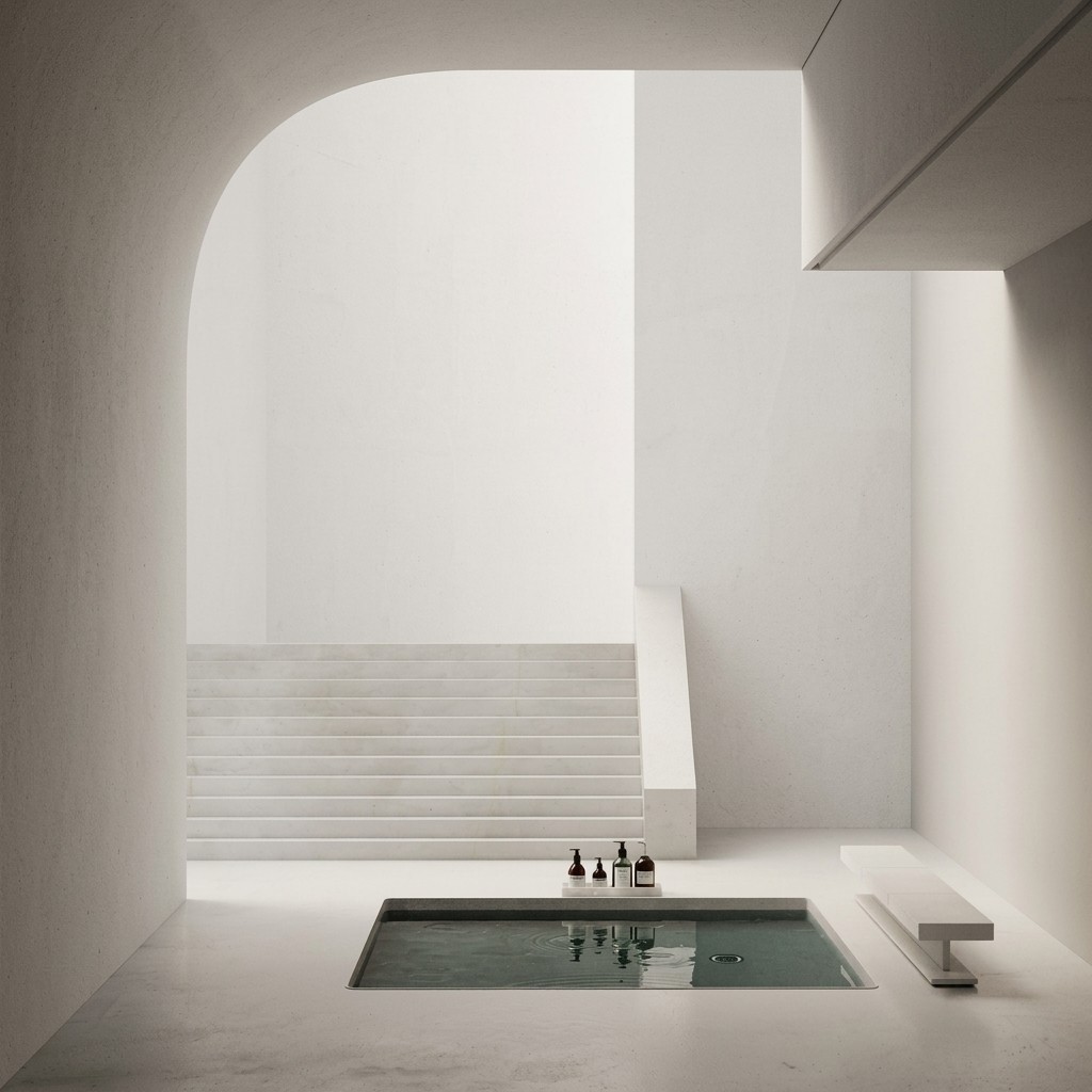 Stark, minimalist white spa room with a recessed square pool and a wide staircase.