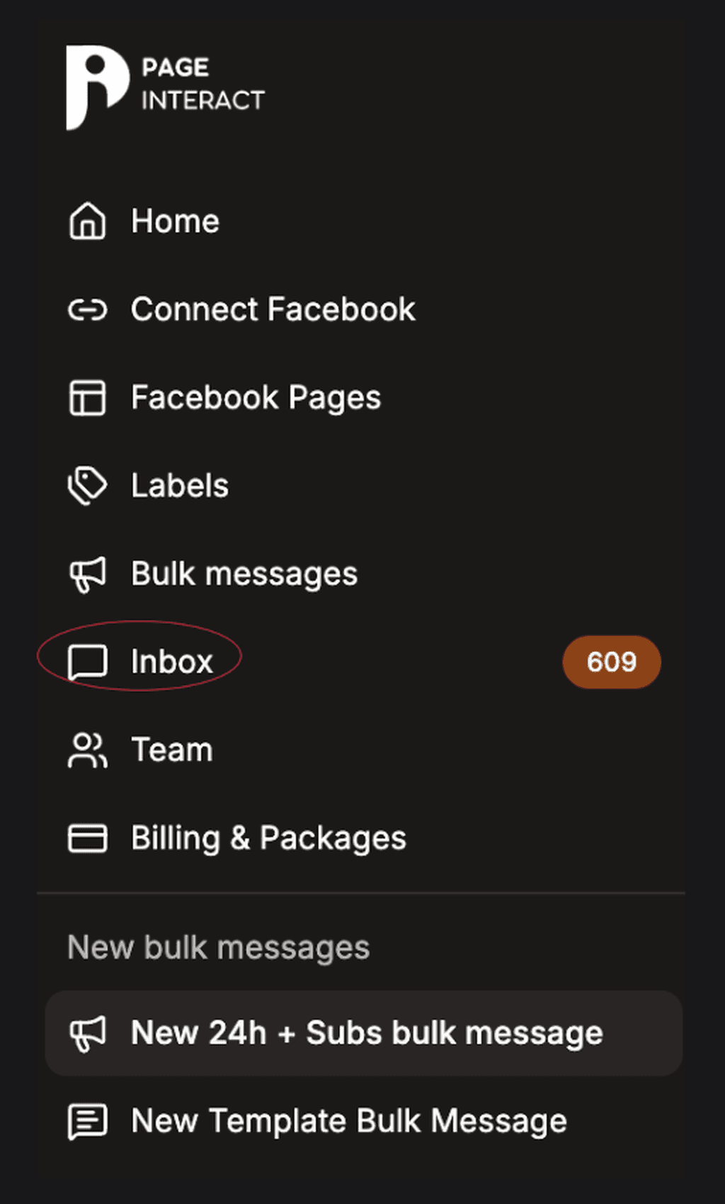 Page Interact left sidebar with the Inbox item highlighted and an unread count badge beside it.