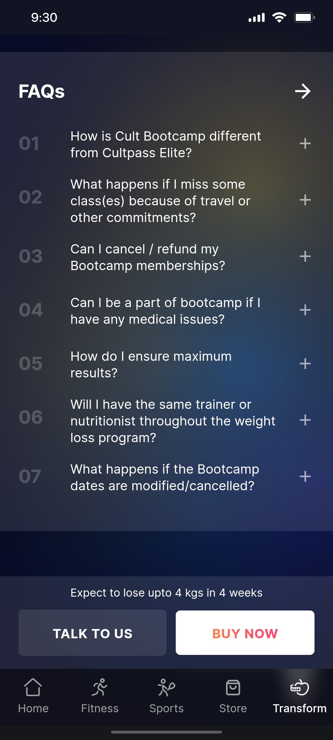 Cult.fit App FAQs Screen