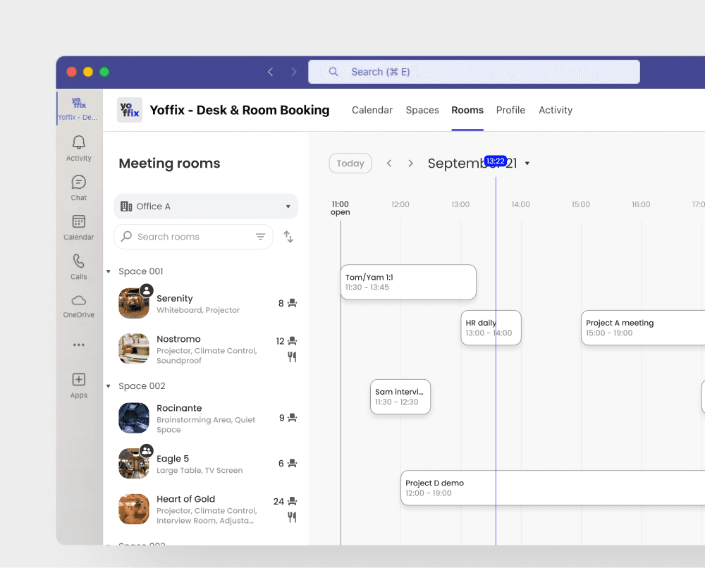 Yoffix meeting room booking UI inside MS Teams showing room search, calendar timeline, availability, and workspace management in a hybrid workplace platform