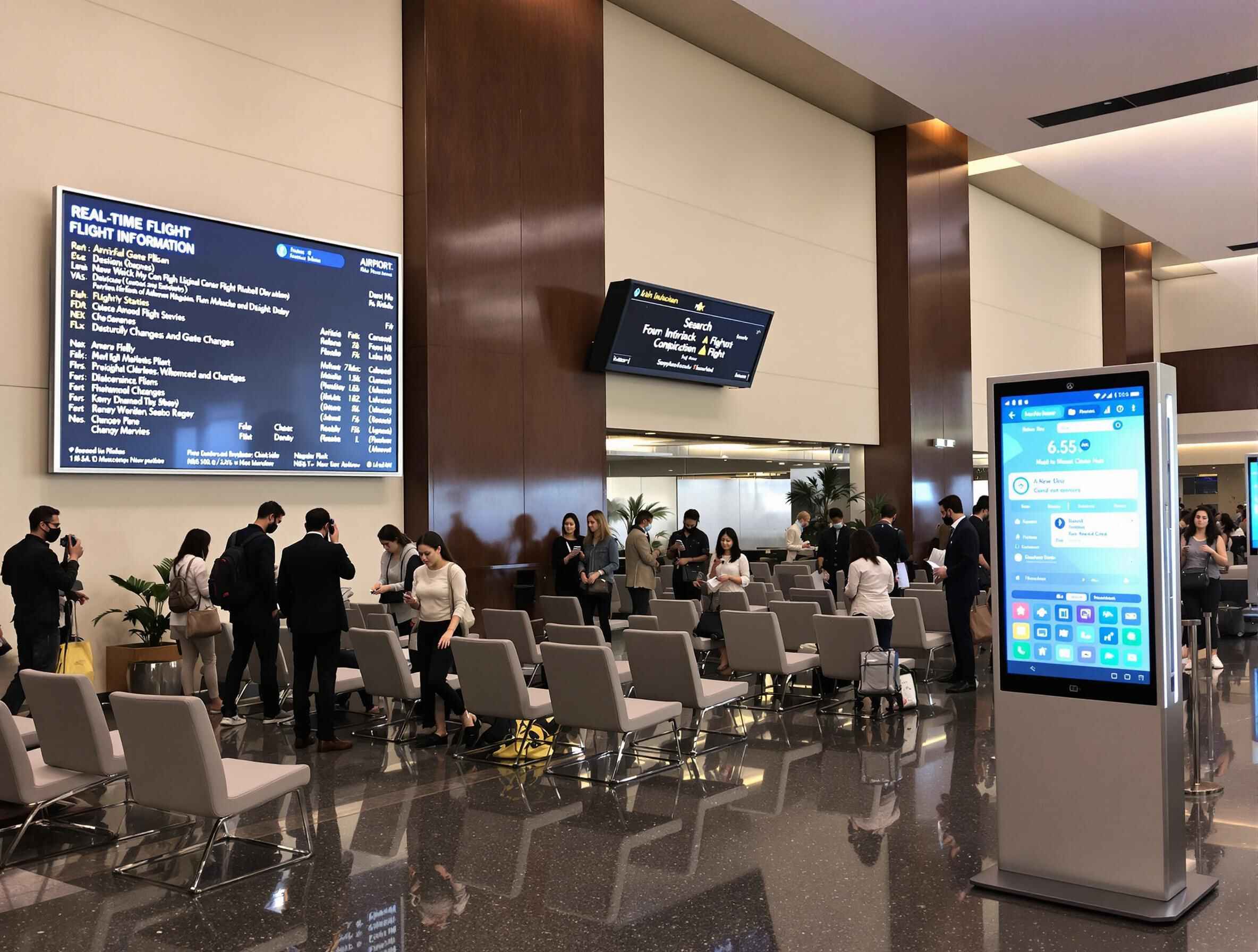 Modern airport terminal with digital signage displays