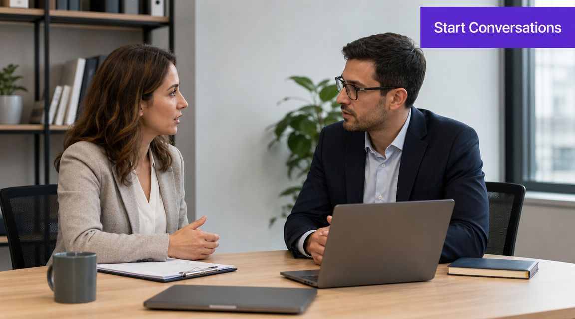 A professional man and woman in business attire having a collaborative conversation in an office setting.