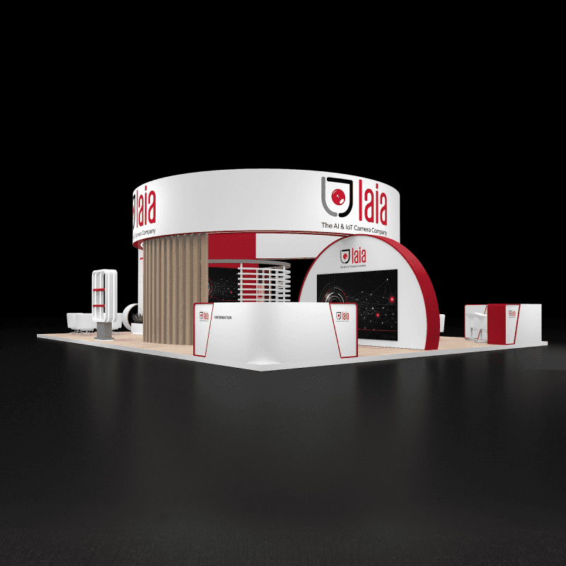 30x40 trade show booth with curved structure, reception, and digital displays