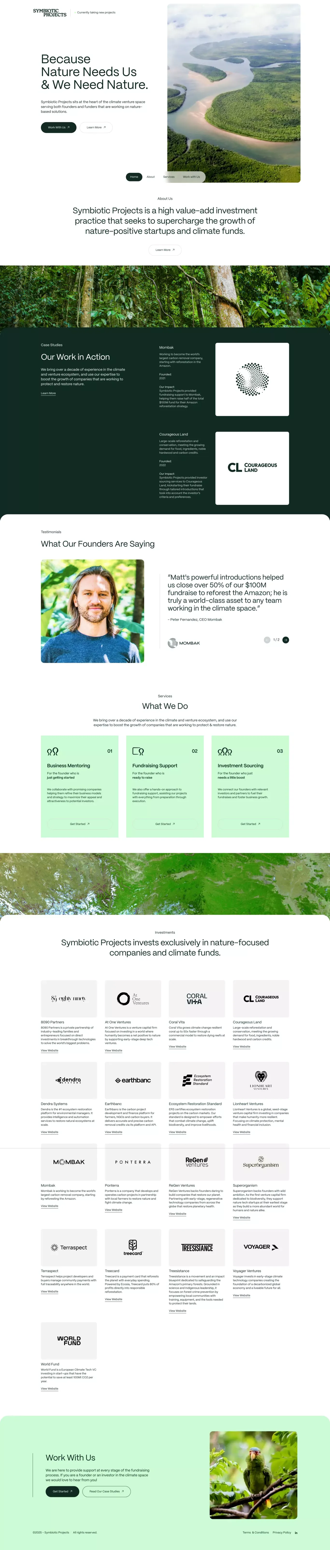 Symbiotic Projects landing page screenshot showcasing Finance and Nature design