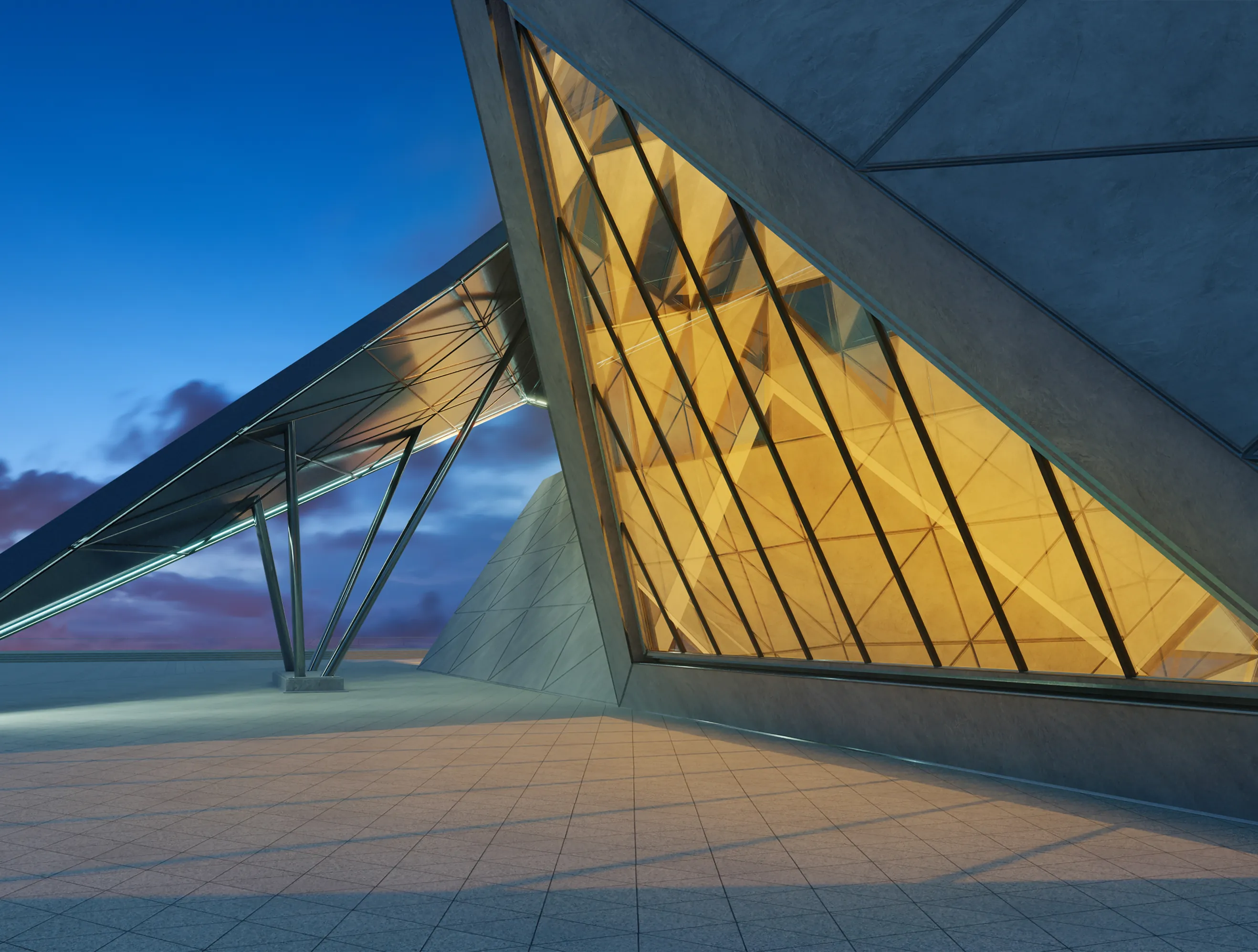 Modern glass architecture structure with sharp angles and warm interior lighting against a blue twilight sky.