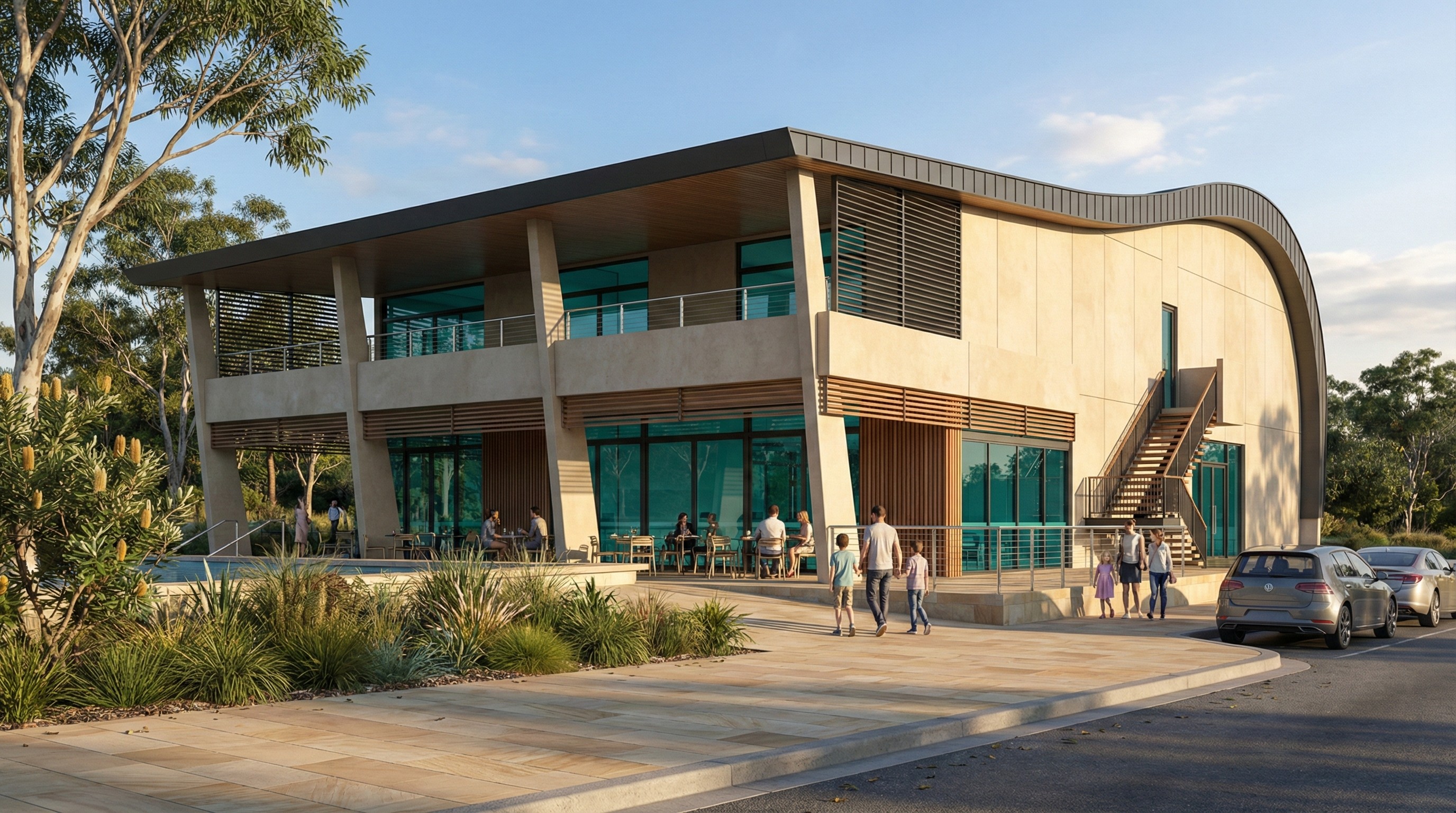 Modern curved staircase with warm ambient lighting